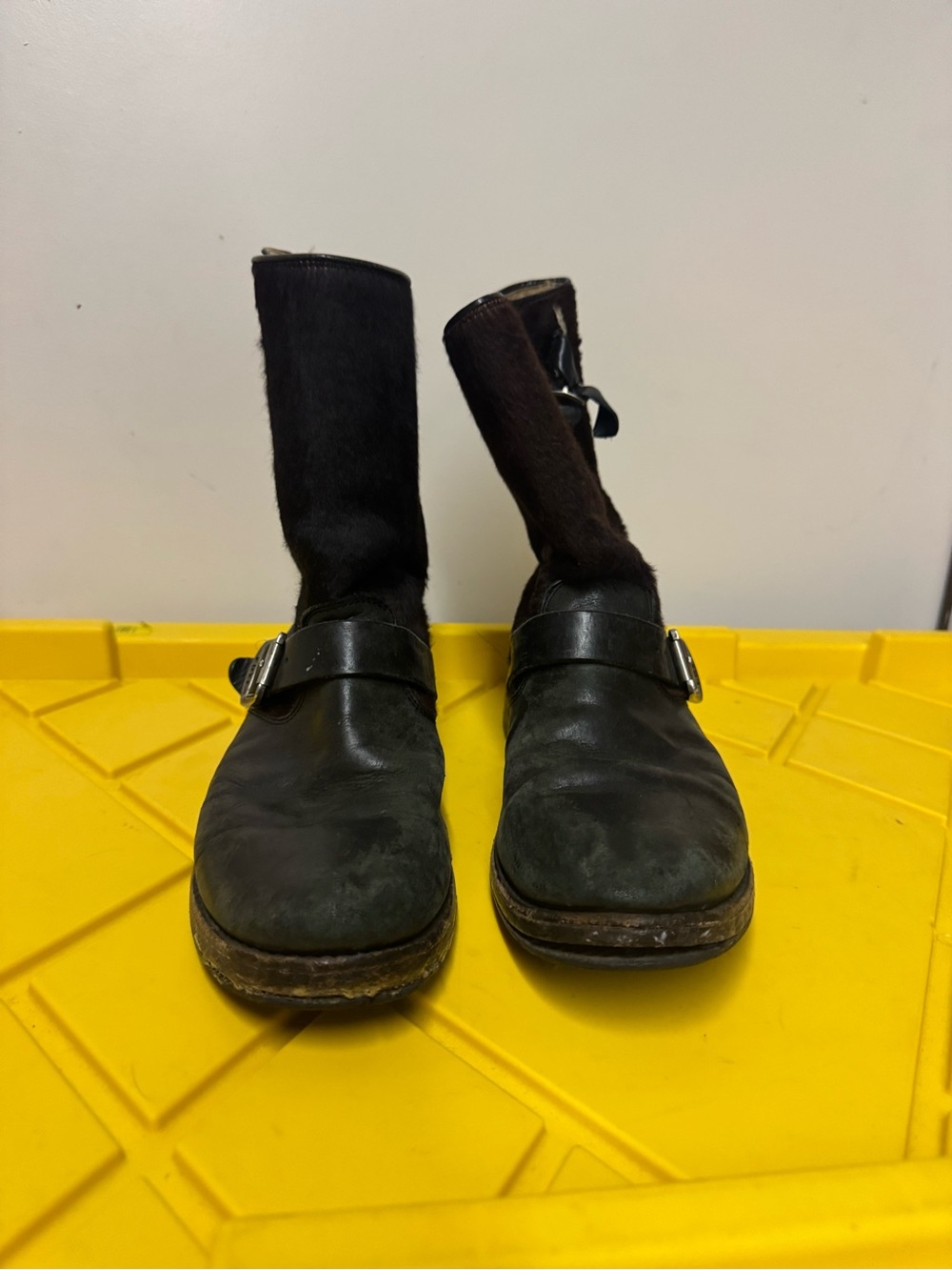 Frye Veronica Engineer Black Pony Hair Leather Moto Boots 9.5 Distressed Y2K